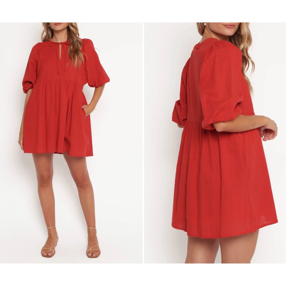 Petal & Pup Cinzia Puff Sleeve 100% Cotton Mini Dress Scarlet Red XSmall
